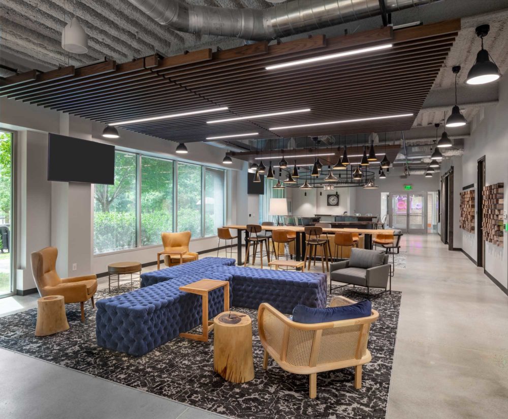 Various types of pendant lighting and acoustic paneling in an open office space