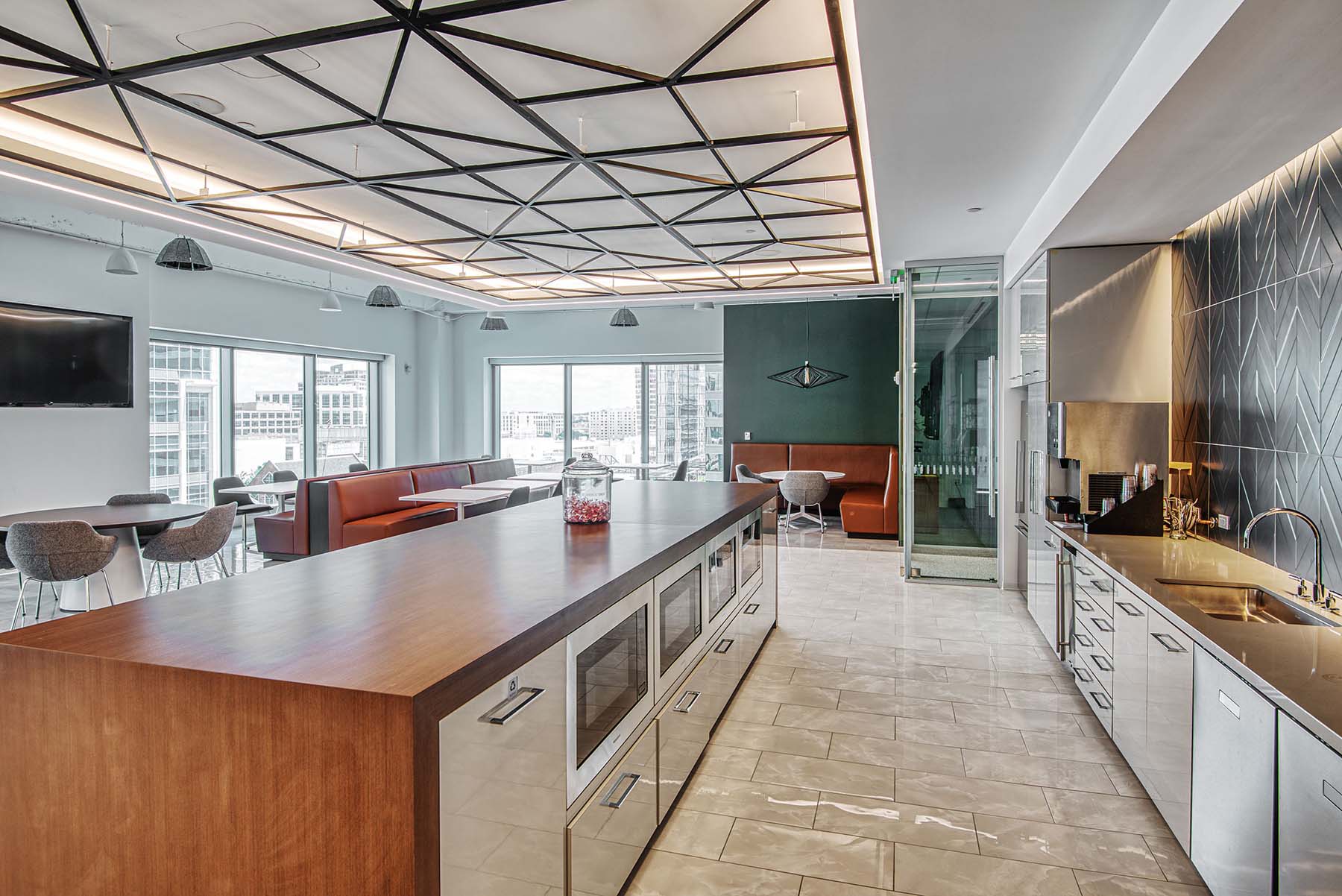 Cove lighting in an office kitchen and break room