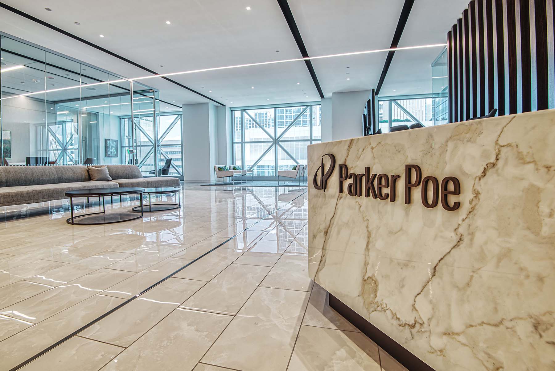 Recessed linear lighting in an office lobby