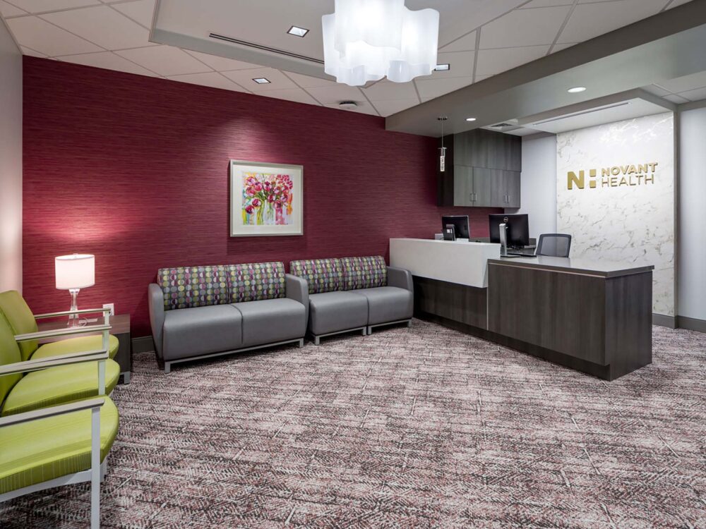 Pendant lights and recessed downlights in a waiting room