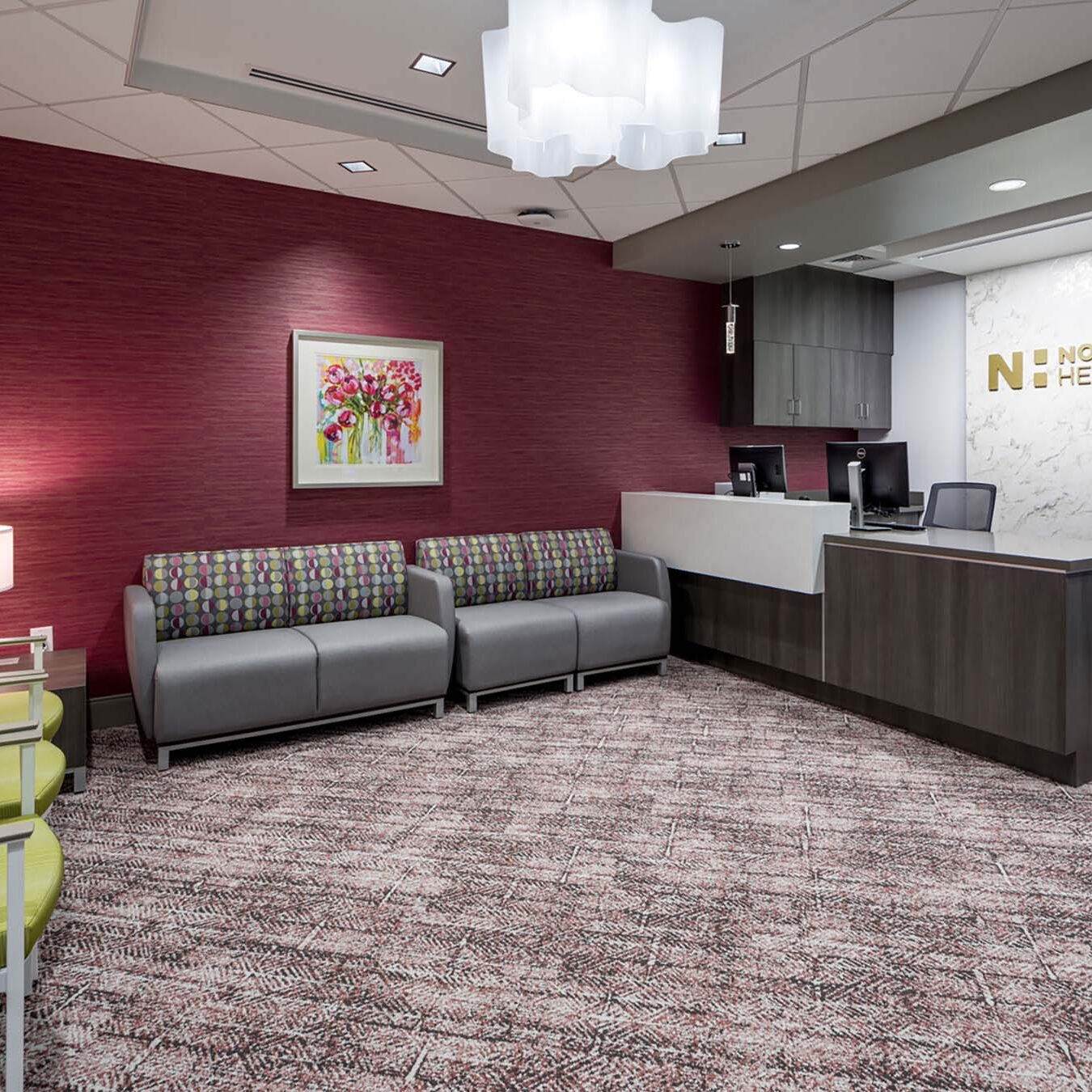 Pendant lights and recessed downlights in a waiting room