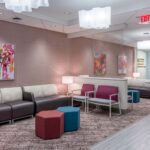 Pendant lights and recessed downlights in a waiting room