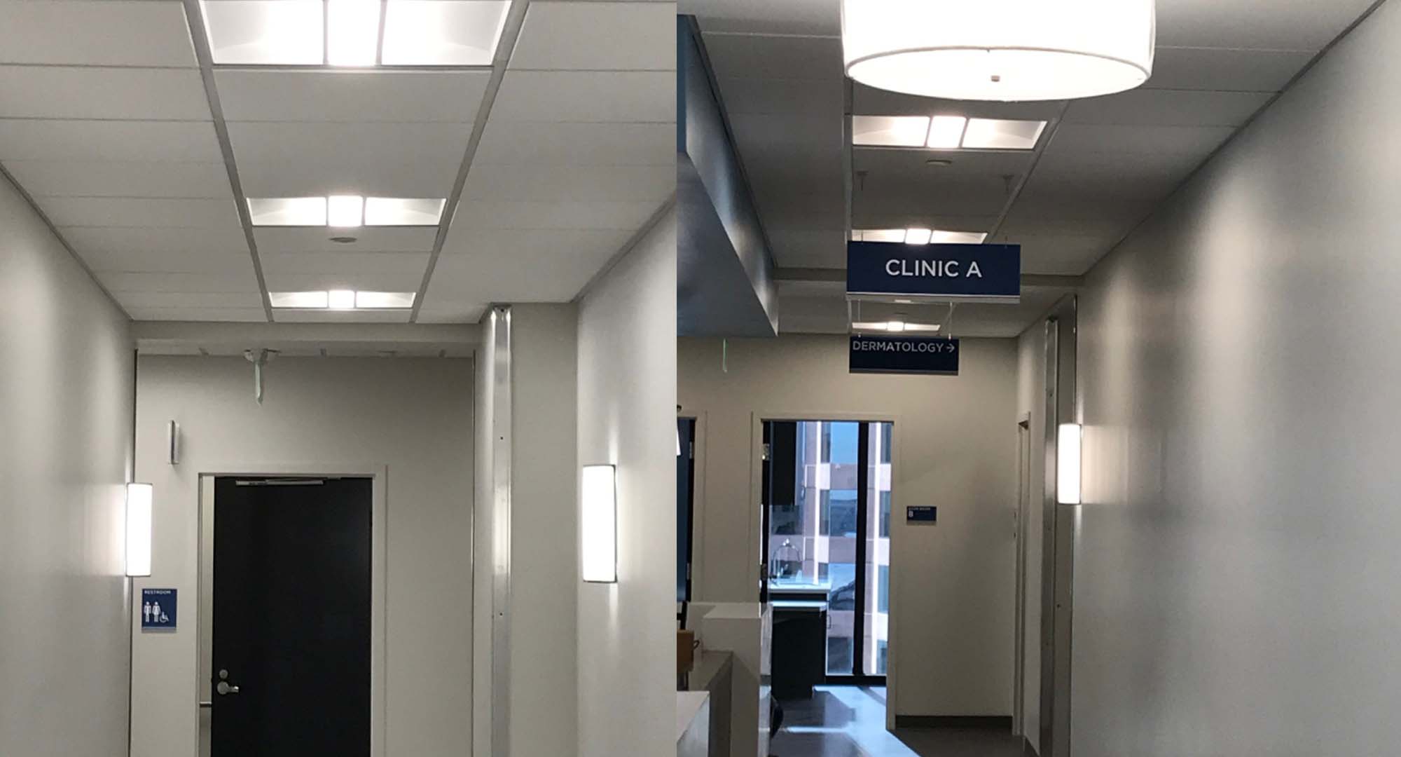 Recessed troffers, wall sconces, and a circular ceiling mount light in medical hallways